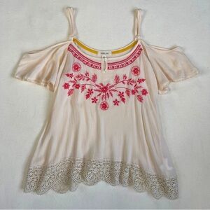 Taylor & Sage cream and red embroidered cold shoulder top • size S